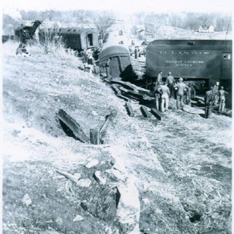 A jumbled mess of railroad cars.